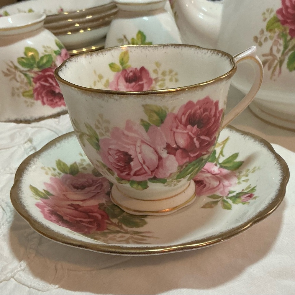Vintage ROYAL ALBERT Bone China American Beauty Pink Rose Footed Cup and Saucer